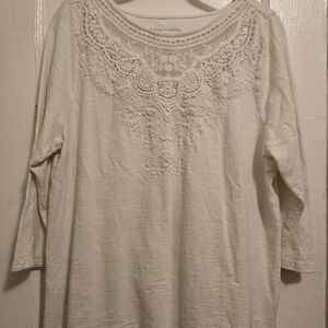 Soft Surroundings Cream Lace Detail 3/4 Length Sleeve Blouse